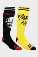 The 686 x Iron Maiden Sock 2-Pack by 686 includes one black knee-high sock with red accents, Iron Maiden text, and a white skull graphic, plus one yellow sock with black accents and Killer text—ideal for riding or relaxing.