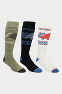 The 686 Mens Treelife Sock (3-Pack) features knee-high socks in green, black, and white with digital graphics and stripes near the top. Made with quick-dry fabric by 686, they are perfect for rides and come displayed side by side on a white background.