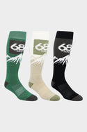 The 686 Mens Snow Caps Sock 3-Pack features mid-weight cushioned socks in green, beige, and black, each with a mountain graphic and “686” near the top. Perfect for chilling or riding, with contrasting heels and toes for extra style.