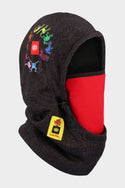 The 686 Patriot Bonded Hood by 686 is a black hooded face mask made from lightweight DWR fleece. It features abstract patterns, colorful human figures, a thinner fleece hood, and a yellow Keith Haring lion patch—a unique headwear accessory.