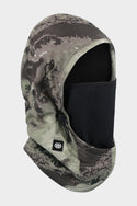 The 686 Patriot Bonded Hood by 686 is a gray camo balaclava made from lightweight DWR fleece, featuring a black face cover, side drawstring, and small logo patch—perfect headwear shown on a plain white background.