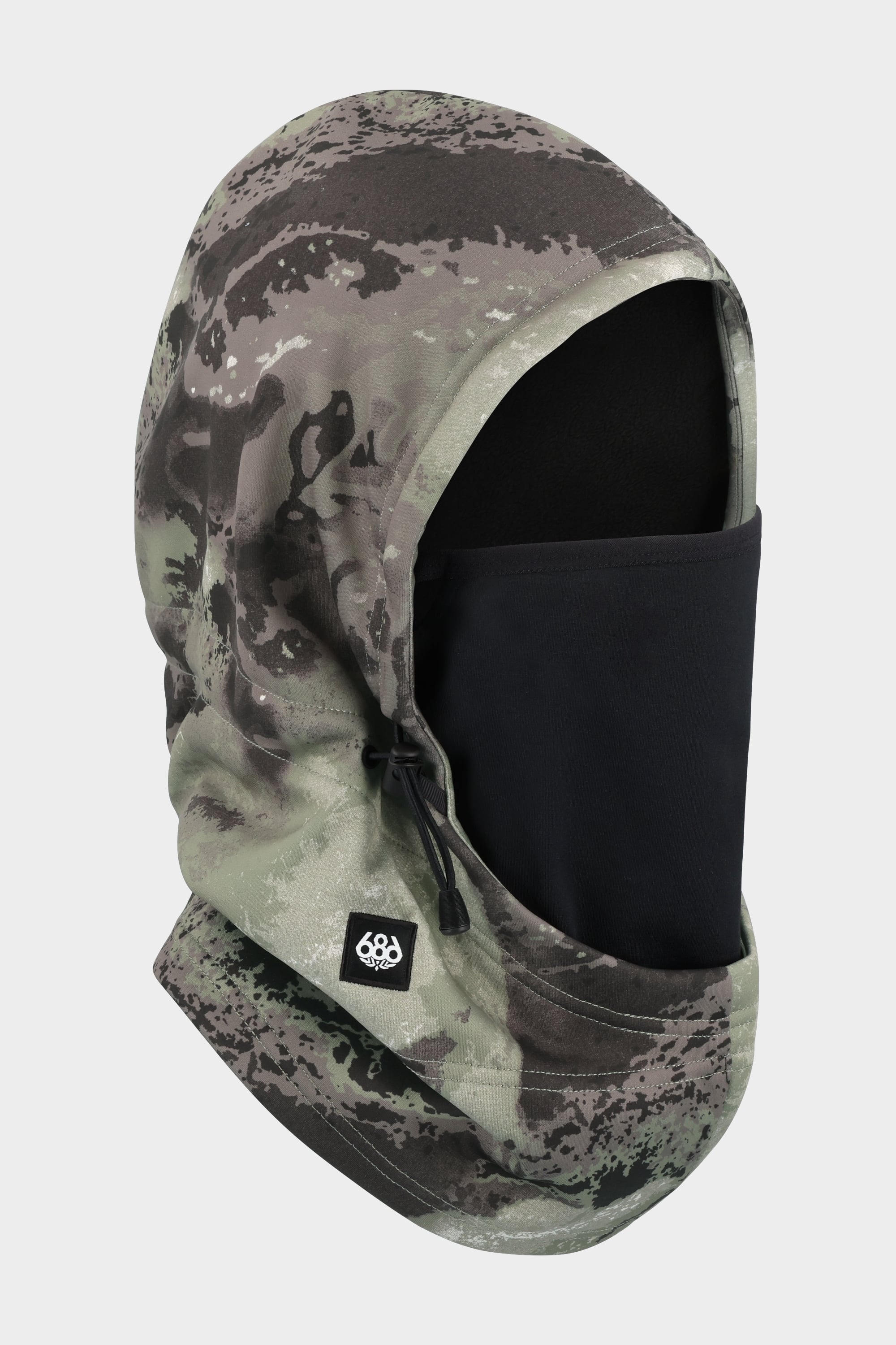 The 686 Patriot Bonded Hood by 686 is a gray camo balaclava made from lightweight DWR fleece, featuring a black face cover, side drawstring, and small logo patch—perfect headwear shown on a plain white background.