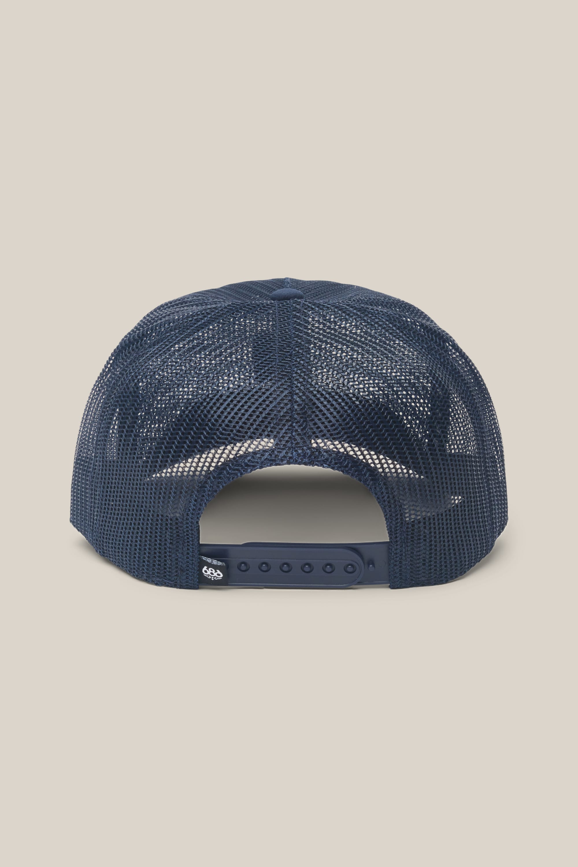 The 686 High-Pro Knockout Structured 5 Panel Hat by 686 is a men's navy blue mesh trucker hat shown from the back, featuring an adjustable snapback closure.