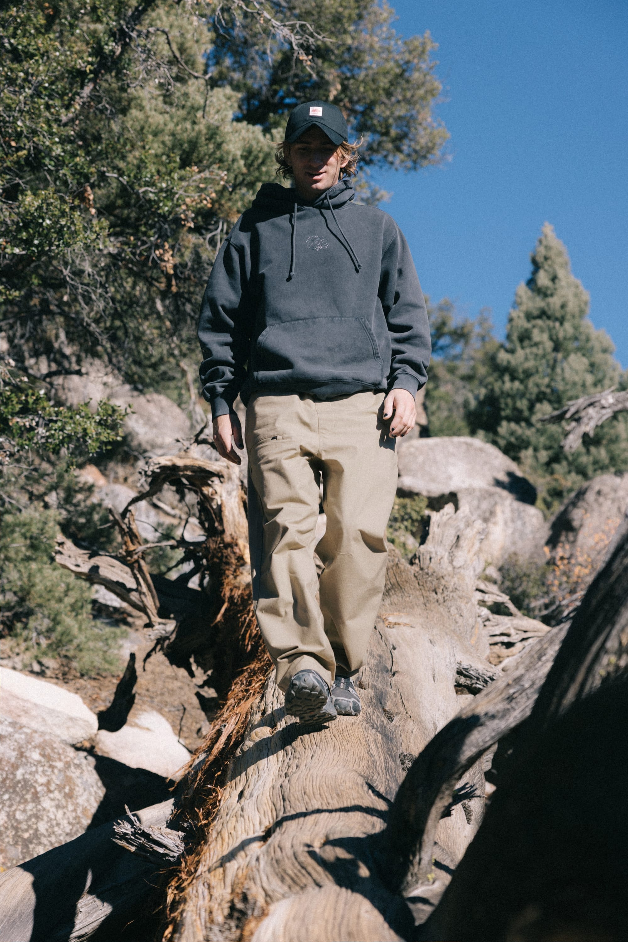 A person in a black hoodie, the 686 Men’s Free Loader Pant - Loose Fit, and a cap walks along a fallen tree trunk in a forested area under a clear blue sky.