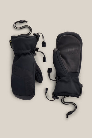 A pair of 686 Youth GORE-TEX® Linear™ Mitts are laid out on a neutral background, displaying both the back and palm sides and featuring cinch cords with adjustment toggles.