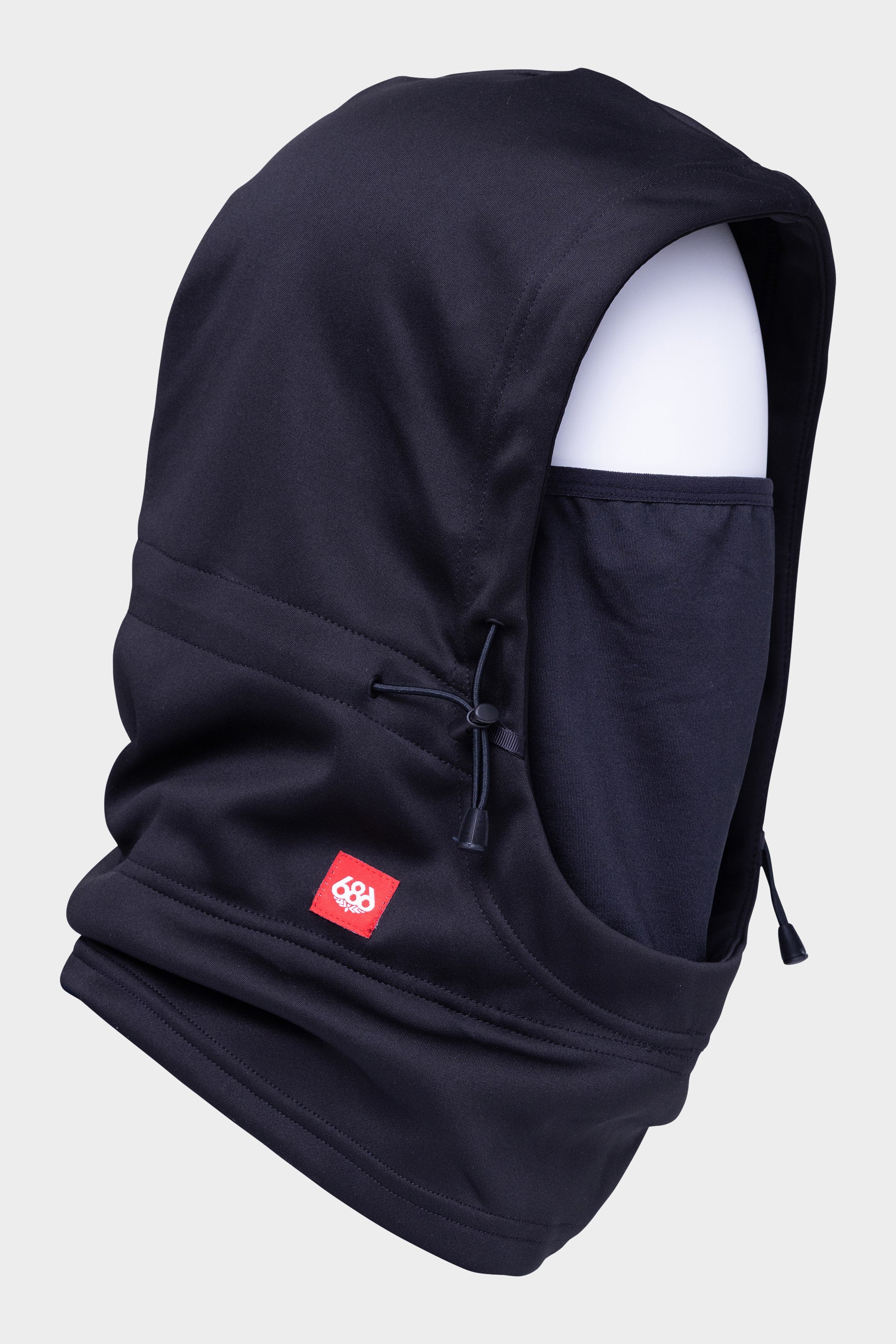 The 686 Patriot Bonded Hood by 686 is a black, lightweight DWR fleece mask with adjustable drawstrings that covers the head, neck, and lower face. Displayed on a white mannequin, it features a small red logo tag on the side.
