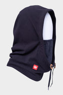 The 686 Tarmac Fleece Hood by 686 features a black fleece design with a drawstring and red logo tag, displayed on a white mannequin head against a plain background.