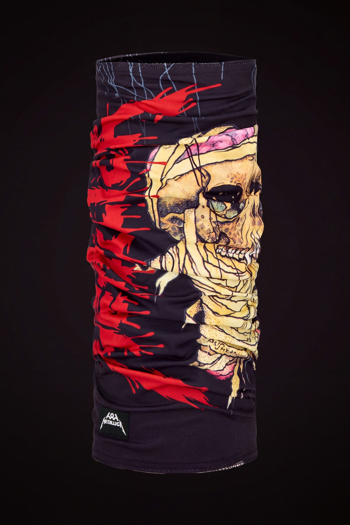 686 Double Layer Face Warmer in black featuring a graphic of a skull wrapped in bandages with red, claw-like scratch marks.