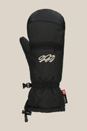 The 686 Womens Jubilee Mitt by 686 is a black waterproof mitt with light insulation, a white embroidered 686 logo, elastic wrist, adjustable drawstring, and red side tag, shown on a neutral background.