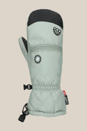 The 686 Womens Jubilee Mitt by 686 is a light gray quilted winter mitten with a black thumb, knuckle patch, elastic wrist, daisy and smiley embroidery, adjustable drawcord, and logo tag, offering light insulation for cozy comfort.