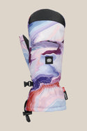 The 686 Womens Jubilee Mitt by 686 is a single waterproof, lightly insulated mitt with a purple-blue-pink-red marble swirl, black strap and thumb tip, front zipper, and a small black-and-white logo patch.