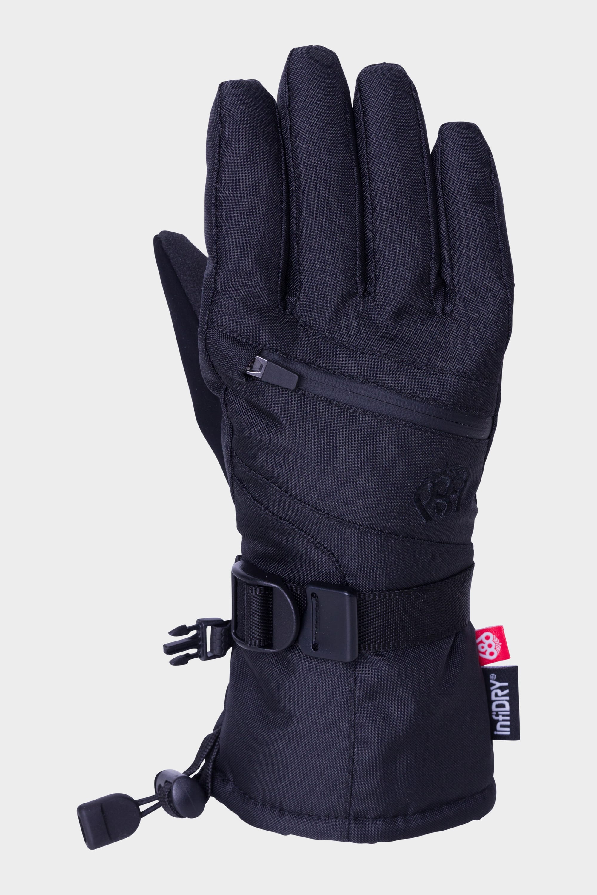 The 686 Youth Heat Glove by 686 is a black insulated winter glove with a zipper pocket, adjustable wrist strap, and drawstring cuff closure, shown upright against a light background to keep hands warm and comfortable.