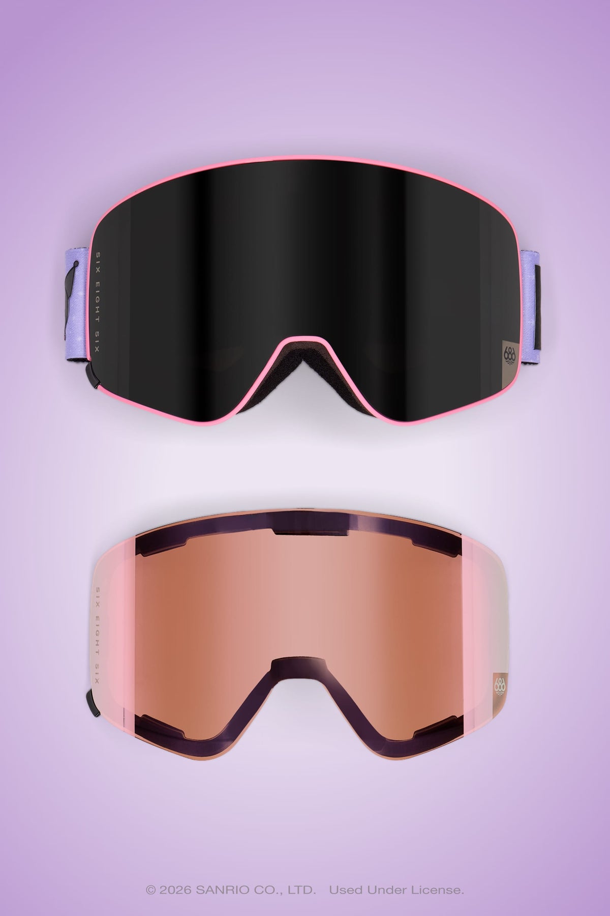 Two pairs of 686 SMARTY® Magnetic Goggles from 686 are displayed on a purple background: the top goggle features a black magnetic lens with a pink frame, designed for easy lens swaps and full-lens vision; the bottom pair boasts a rose-tinted lens with a light pink frame, delivering stylish protection on the slopes.