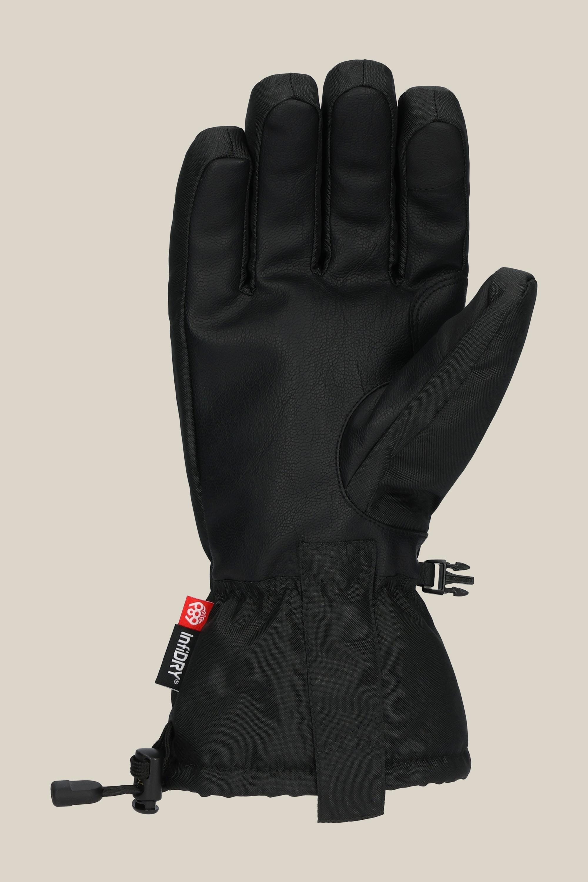 The 686 Lander Glove by 686 is a single black winter glove with light insulation, a cinch cord at the wrist, a clasp, and a red tag featuring the white 686 logo, displayed against a plain beige background.