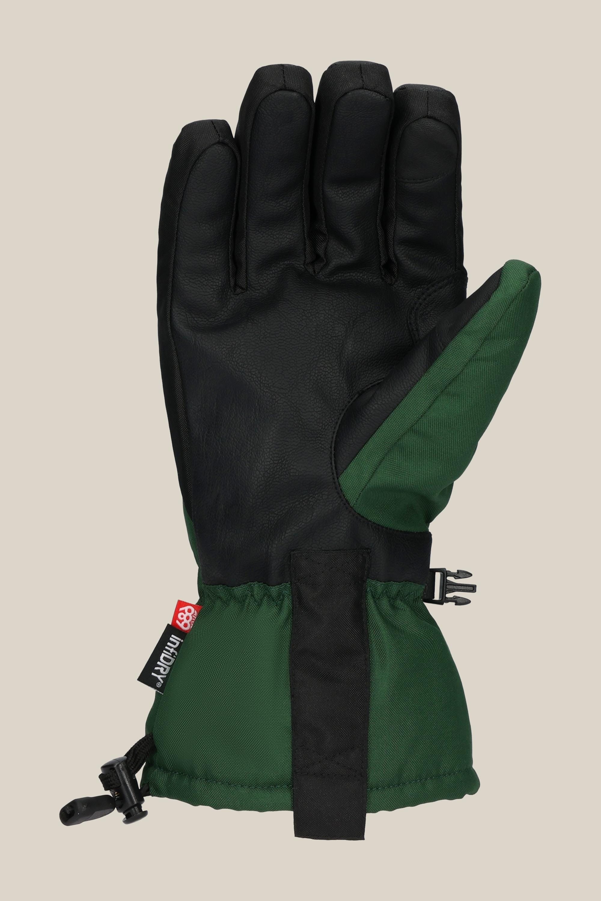 The 686 Lander Glove by 686 is a green and black winter glove featuring light insulation, a reinforced palm, adjustable wrist strap, and a small black clip at the wrist, shown palm-forward on a plain background.