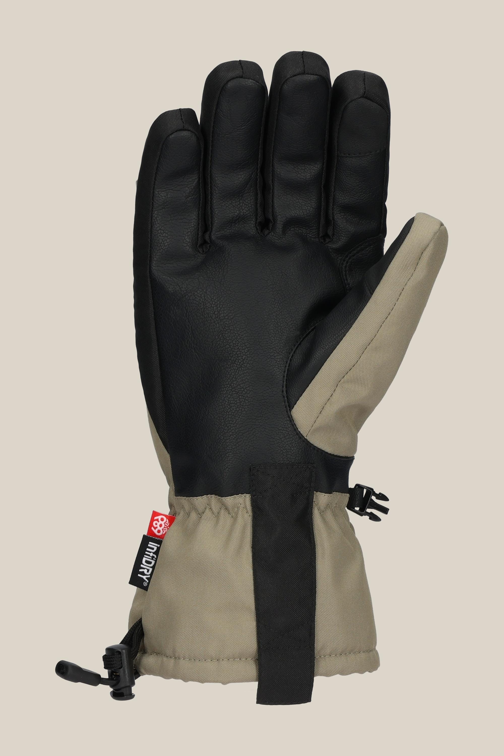 The 686 Lander Glove by 686 features a black palm, light gray back, adjustable strap, 10k waterproofing, drawstring wrist, and a red/white tag near the cuff. Displayed palm forward for superior winter protection.