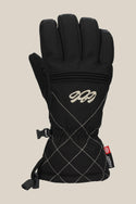 The 686 Womens Jubilee Glove by 686 is a black insulated PU glove featuring white diamond-pattern stitching, a back zipper, and a small red logo tag on the wrist, shown upright against a neutral background.