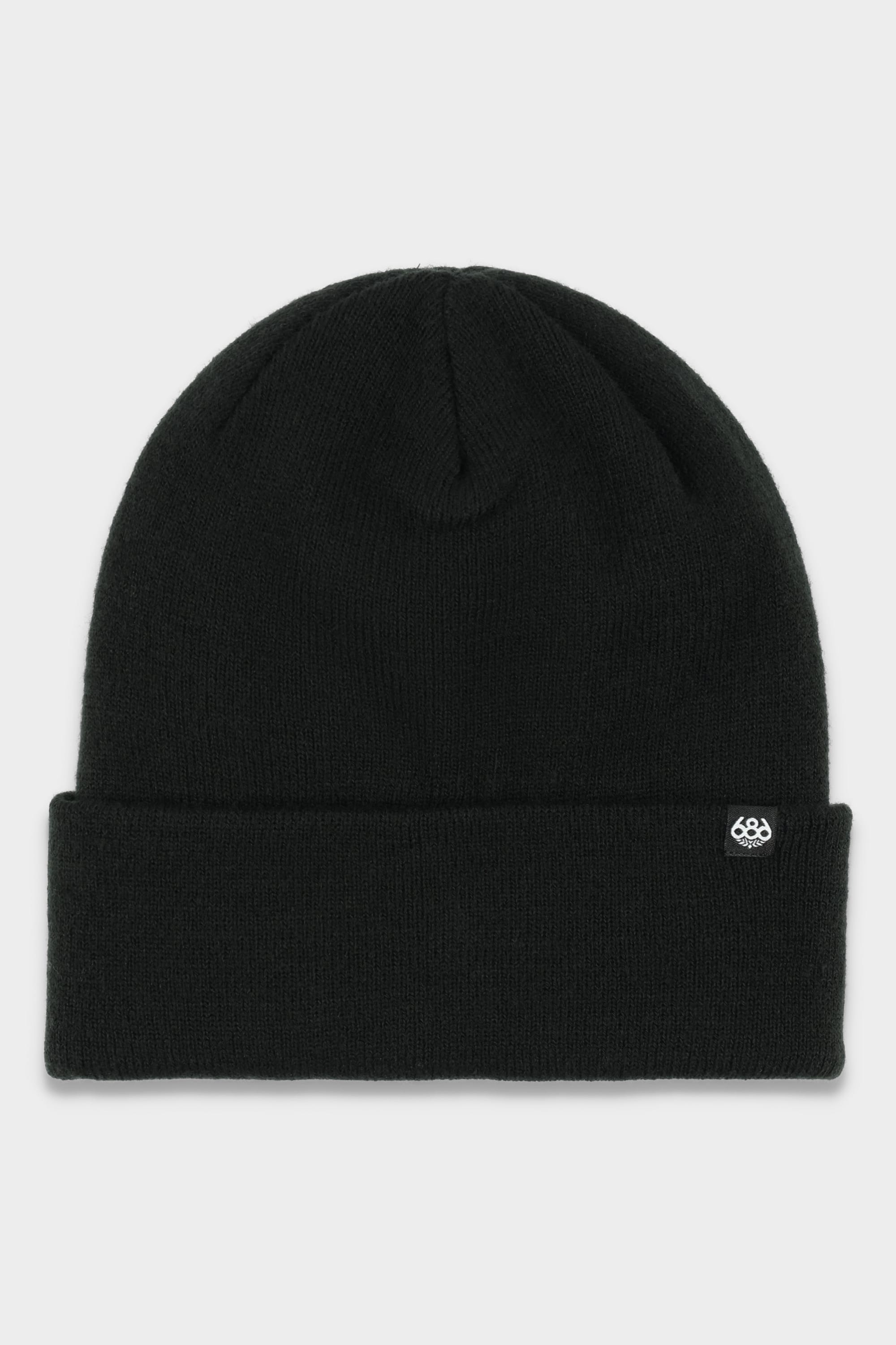 The 686 Standard Roll Up Beanie by 686 is a plain black knit hat with a folded brim and a small white logo tag on the front, set against a light gray background.
