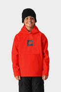 A smiling child wears the 686 Youth Waterproof Hoody in red, paired with a black beanie and black pants, standing against a plain light gray background.