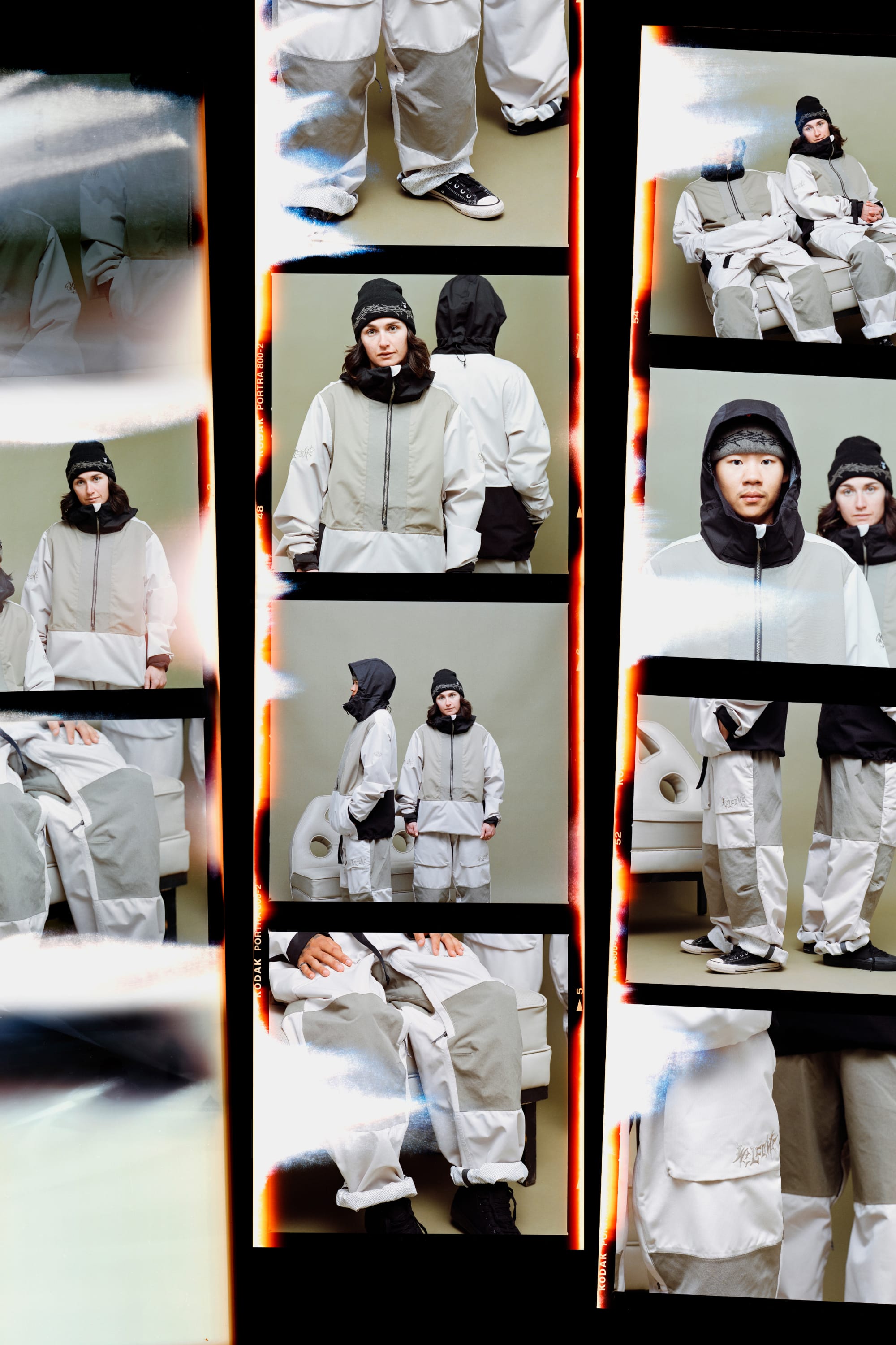 A collage features two people in white and grey winter outfits with hoods and the 686 Welcome Beanie by 686, sitting and standing on white chairs against a plain background. The photos have film strip borders and bright streaks.