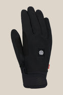 The 686 Mens Outlaw Pipe Glove by 686 features a black textured design, velcro wrist strap, small logo patch on the back, and reinforced grip areas on the palm and thumb, shown against a plain light beige background.