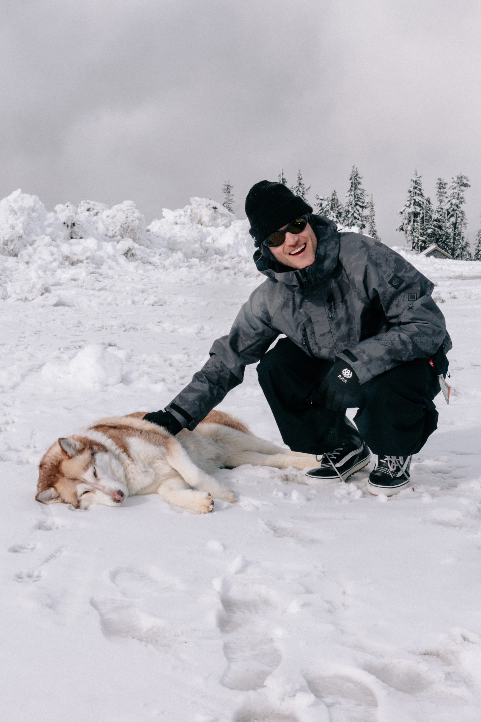 Wearing the 686 Men’s GORE-TEX® Core Shell Jacket, a person kneels and pets a resting husky on snowy ground, framed by snow-covered trees and a gray winter sky in the background.