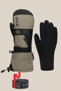 The 686 Mens GORE-TEX Smarty 3-In-1 Gauntlet Mitt features khaki and black poly mitts with adjustable straps, a black glove liner, and a black-and-gray 686 wrist leash with a red loop, all shown on a plain beige background.