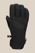 The 686 Mens GORE-TEX Linear Under Cuff Glove in black features a Velcro wrist strap, subtle 686 branding on the back, and a plastic side clip—this sleek PU glove is shown against a beige background.