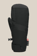 The 686 Mens GORE-TEX Linear Under Cuff Mitt features black insulation, a Velcro wrist strap, side buckle, and GORE-TEX tag—ideal as your winter go-to PU mitt. Displayed against a plain beige background.