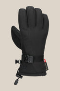 The 686 Womens GORE-TEX Linear Glove by 686 is shown in black with a wrist strap, adjustable cuff cord, and GORE-TEX tag on the side. This PU glove offers extra durability and winter protection against a plain beige background.