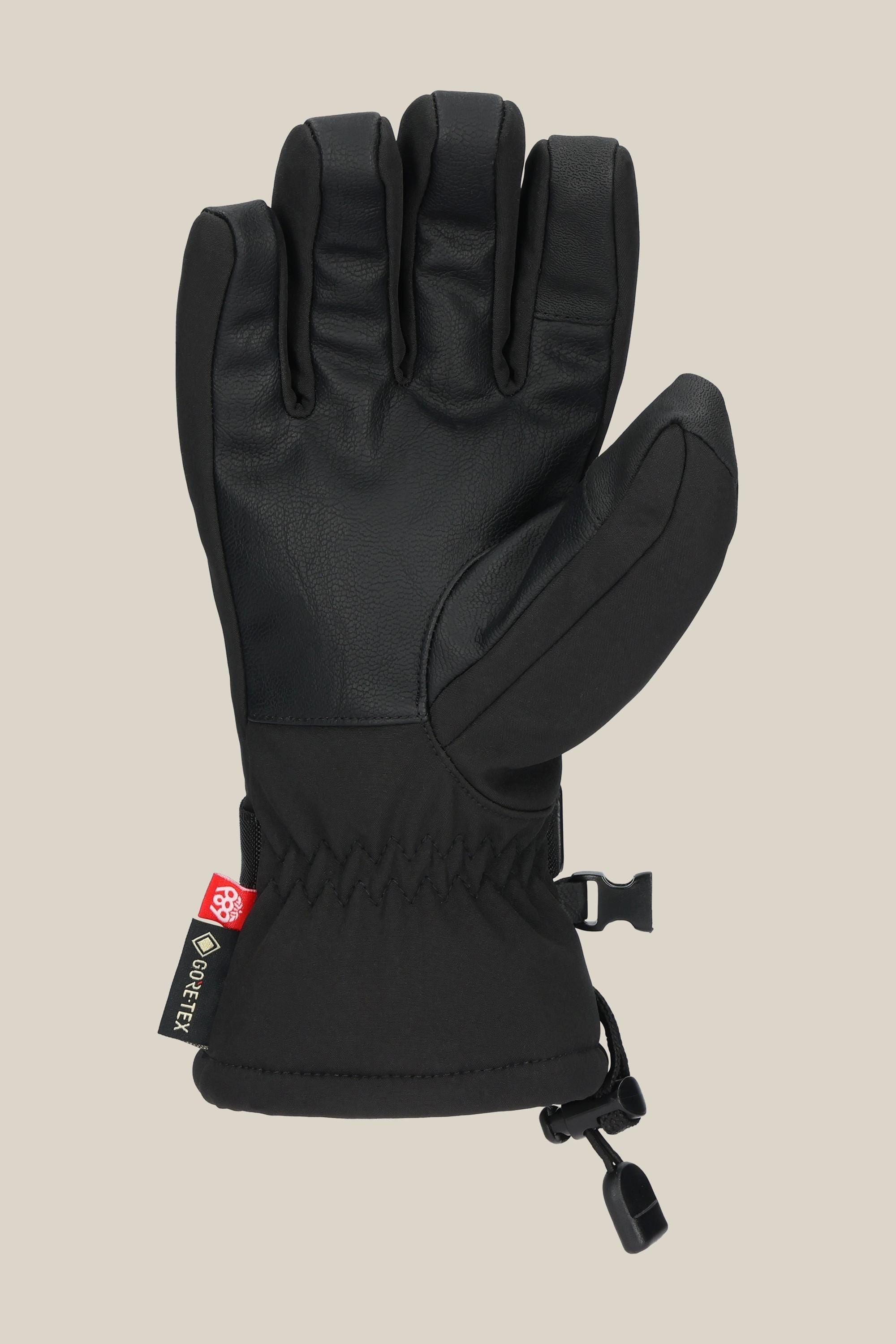 The 686 Womens GORE-TEX Linear Glove by 686 is a black, insulated poly glove with a cinched wrist, adjustable drawcord, and GORE-TEX tag, shown on a neutral background.