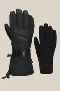 Two black womens gloves by 686: the GORE-TEX Smarty 3-In-1 Gauntlet Glove, thick and insulated with a zipper and strap, and a thin plain PU glove. Both are displayed on a neutral background showing palms and backs.
