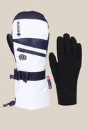 The 686 Womens GORE-TEX Smarty 3-In-1 Gauntlet Mitt by 686 is shown in black-and-white PU with zippers and an adjustable strap, alongside a plain black glove liner, both set on a light beige background.
