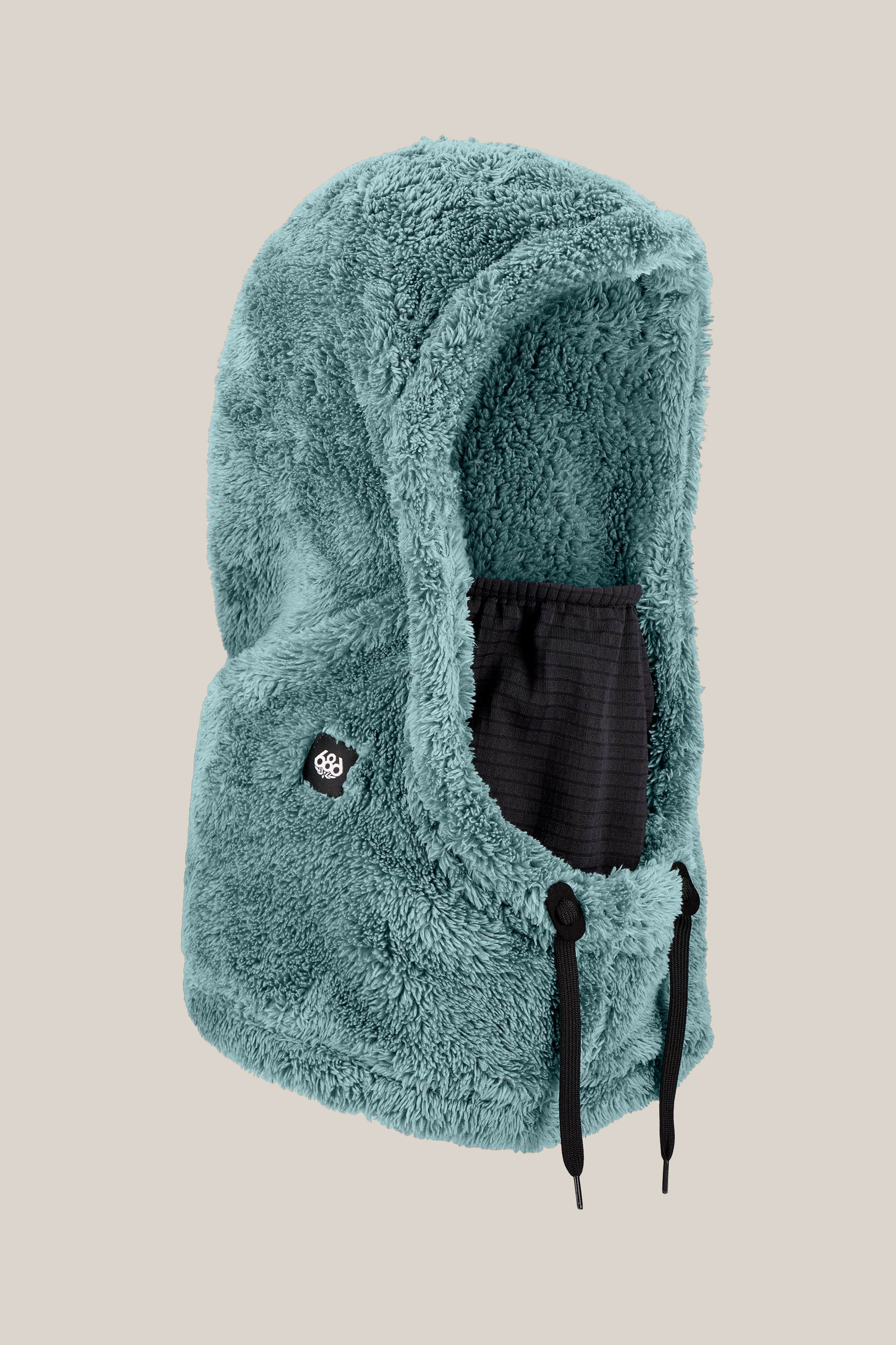 The 686 Tarmac Sherpa Hood by 686 is a teal, fuzzy polyester knit hood featuring a black drawstring and an attached unisex facemask, shown against a neutral background.