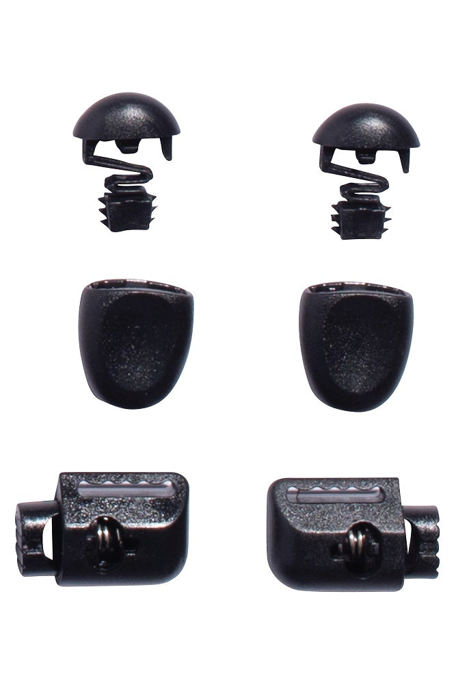 Four sets of 686 Repair Cord Lock black plastic components by 686 are arranged vertically on a white background, each set including a dome-shaped cap, a clip, a curved piece, and a rectangular hinged piece.