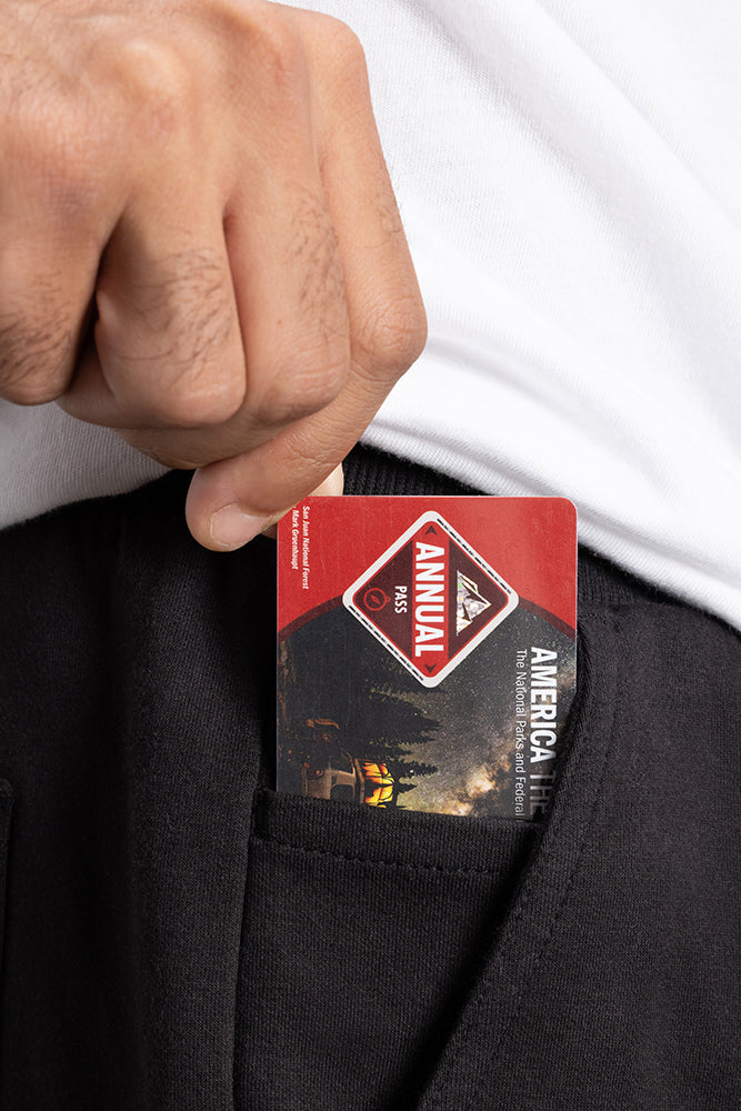 A hand is placing a red America the Beautiful annual pass card into the front pocket of black 686 Mens Everywhere Double Knit Shorts by 686.